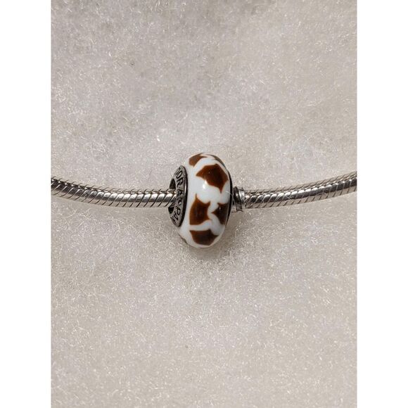 New Pandora White w/Brown Markings Murano Bead - BEAUTIFUL!!! - Picture 1 of 3